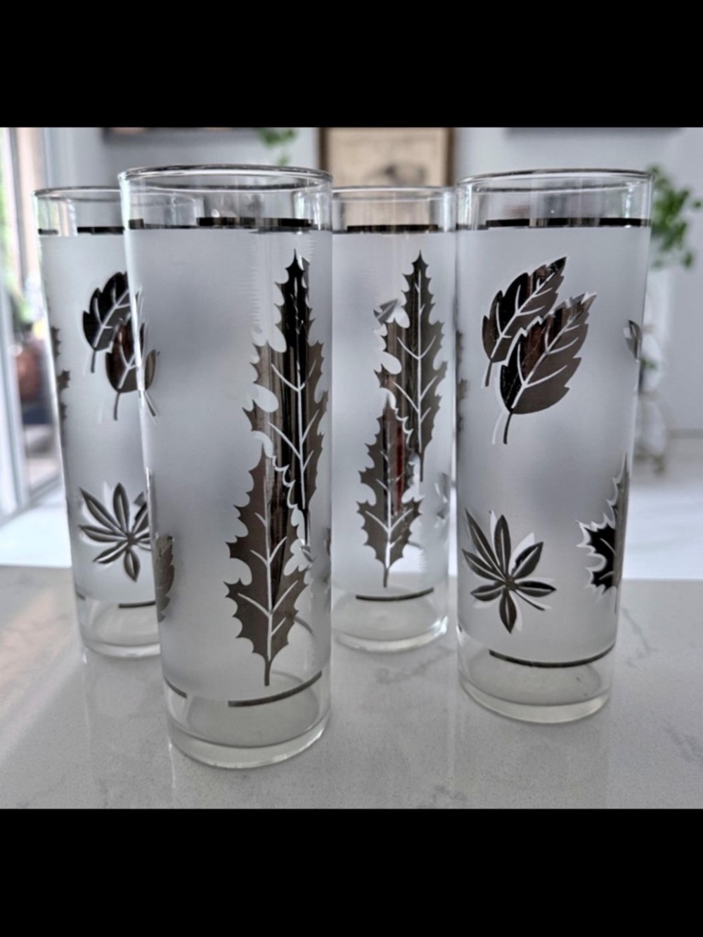 Libbey Silver Leaf Foliage Tom Collins Glasses Set of 4 Vintage MCM